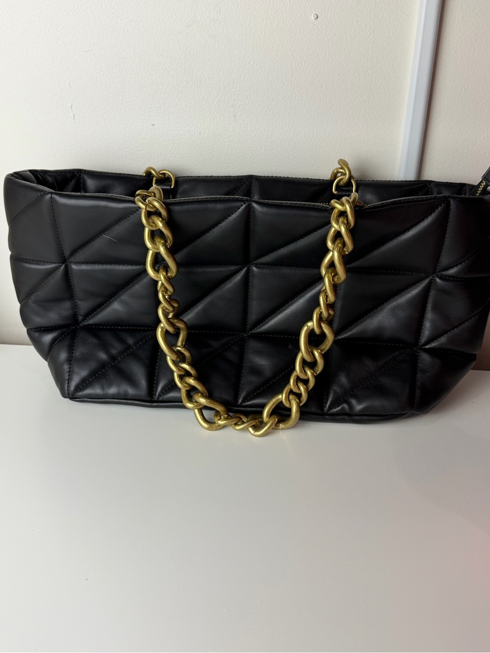 Zara Black Quilted Shoulder Bag with Gold Chain Straps